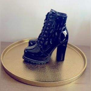 AKIRA Faux Patent Leather Platform Lace-up Heeled Bootie